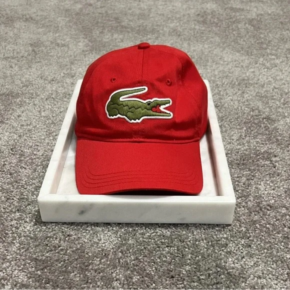 Lacoste Big Crocodile Cotton Twill Hat Cap Adjustable Leather Strap O/S, Red - Picture 1 of 4